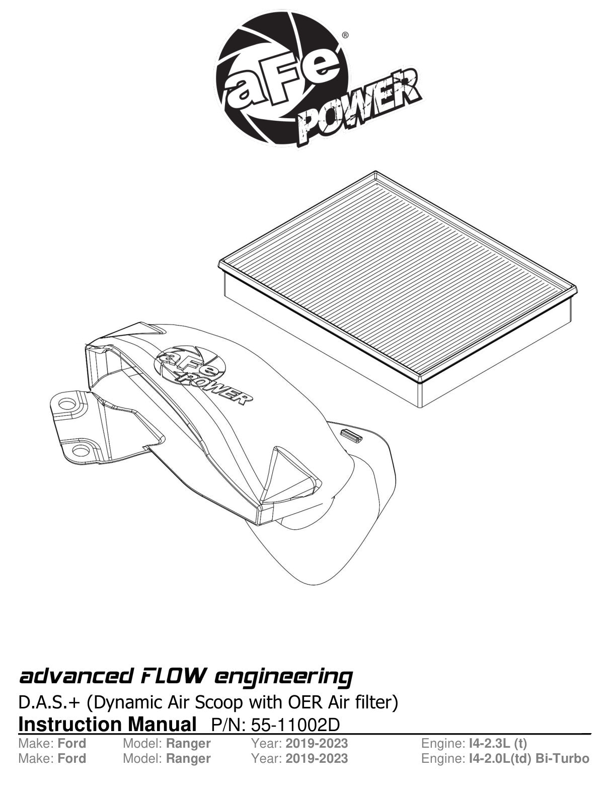 aFe Dynamic Air Scoop w/ Pro DRY S Filter (D.A.S. PLUS) | Ford Ranger L4-2.3L (19-23) (55-11002D)