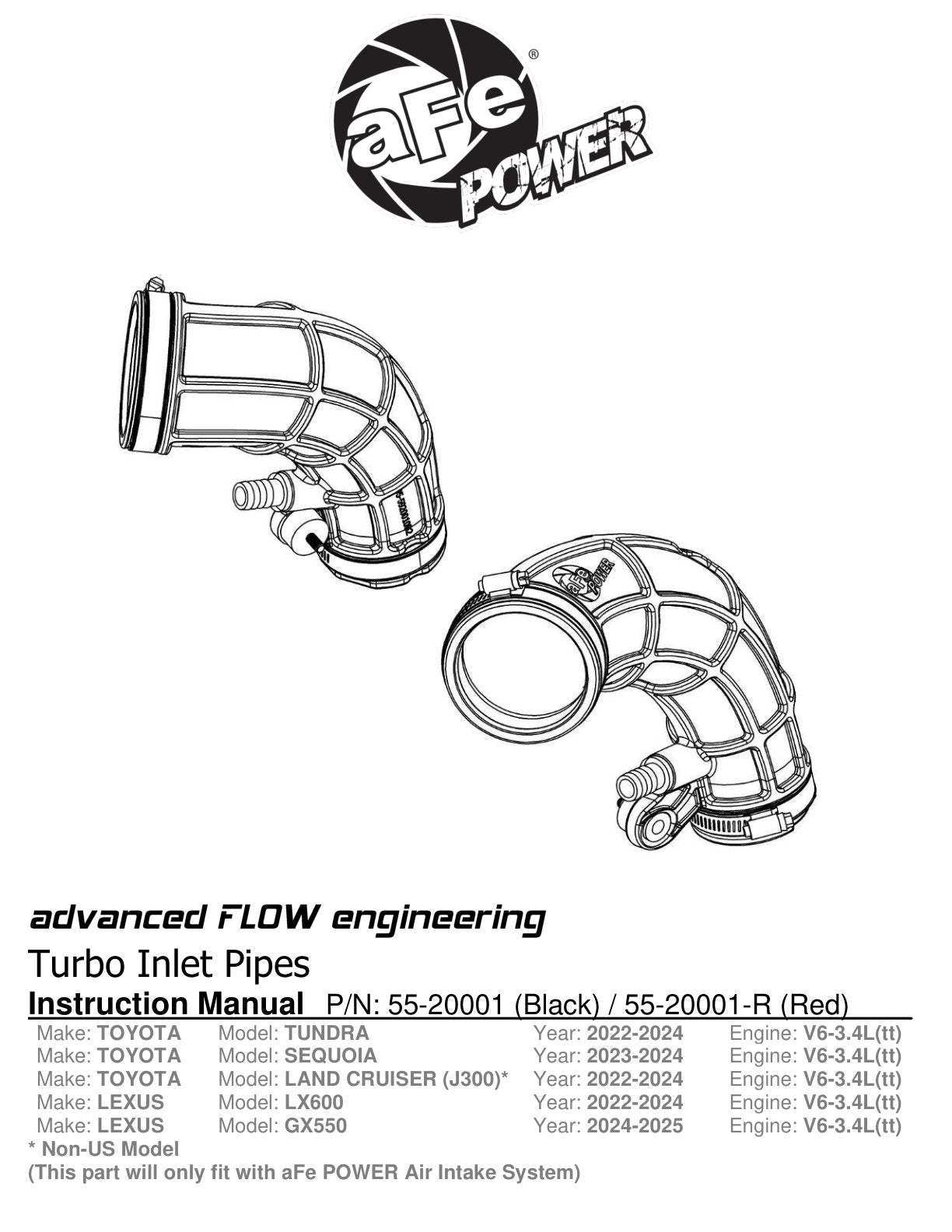 aFe 22-24 Toyota Land Cruiser/Tundra Turbo Inlet Pipes | Tundra/Sequoia (55-20001)