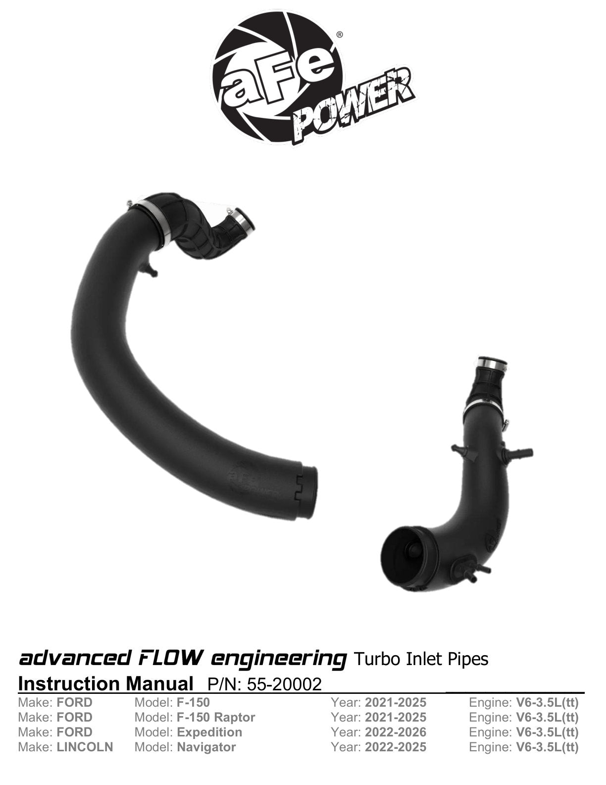 aFe F-150/Raptor 3.5L V6 Turbo Inlet Pipes | Ford Expedition/F-150/Lincoln Navigator (55-20002)