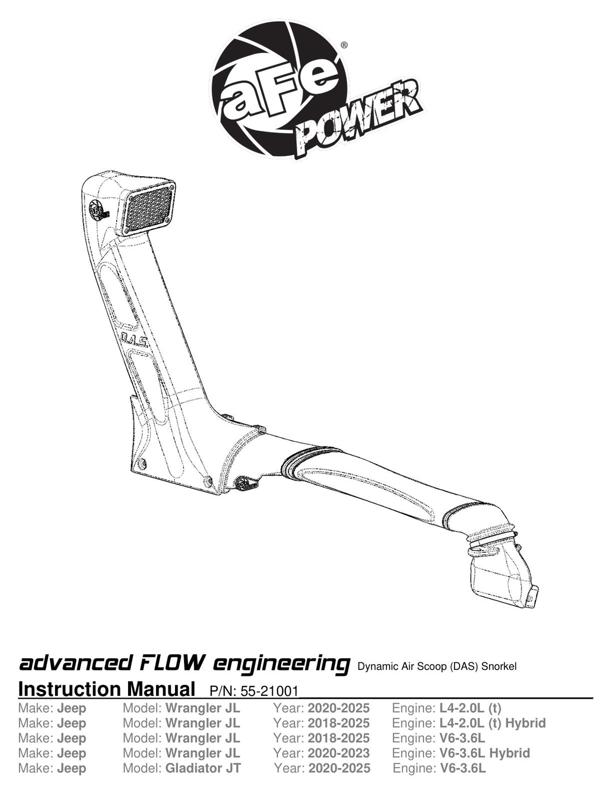 aFe 18-25 Jeep Wrangler / Gladiator Dynamic Air Scoop (D.A.S) Snorkel | Jeep Wrangler / Gladiator (18-25) (55-21001)
