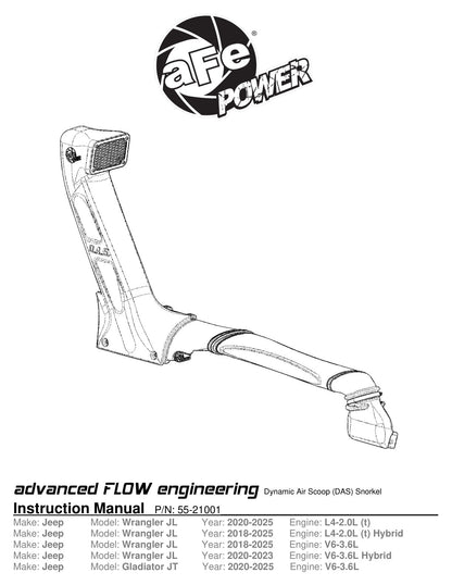 aFe 18-25 Jeep Wrangler / Gladiator Dynamic Air Scoop (D.A.S) Snorkel | Jeep Wrangler / Gladiator (18-25) (55-21001)