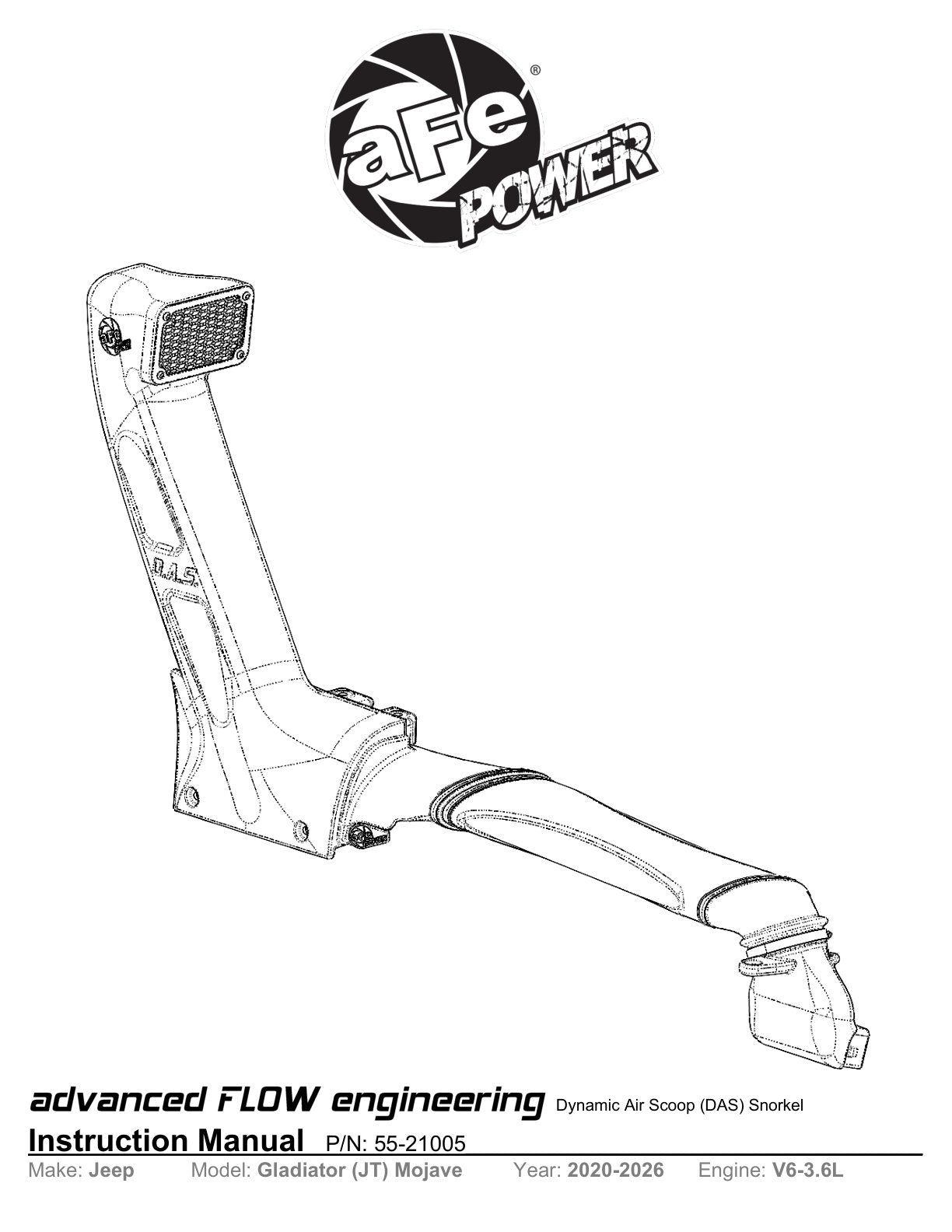 aFe 55-21005 D.A.S Snorkel for Jeep Gladiator Mojave V6-3.5L