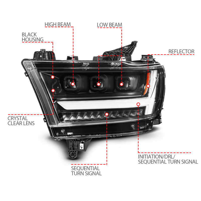 ANZO Full LED Proj Headlight DRL/SeqSig Black Pass. Side | RAM 1500 (19-24) (111628A-R)