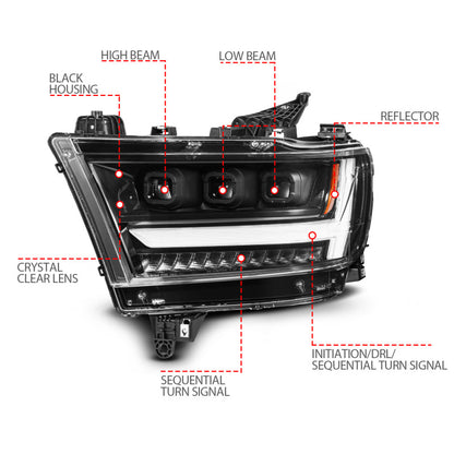 ANZO Full LED Proj Headlight DRL/SeqSig Black Pass. Side | RAM 1500 (19-24) (111628A-R)