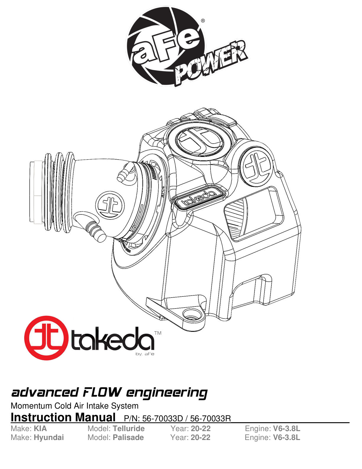 aFe Takeda Momentum Pro Dry S Cold Air Intake | Kia Telluride/Hyundai Palisade V6 3.8L (20-22) (56-70033D)