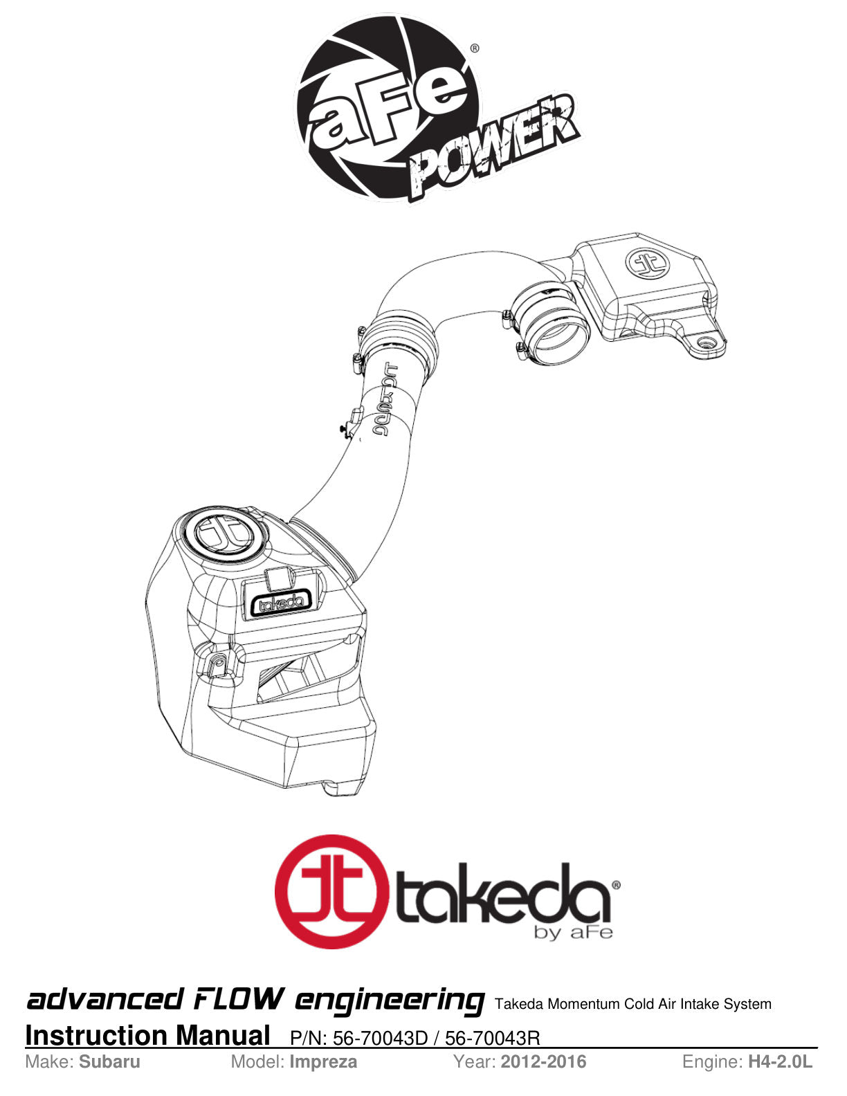 aFe Takeda Momentum Pro DRY S Intake | Subaru Impreza H4 2.0L (12-16) (56-70043D)