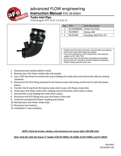 aFe Turbo Inlet Tube | VW GTI L4 2.0L Turbo 2015-21 (59-20004)