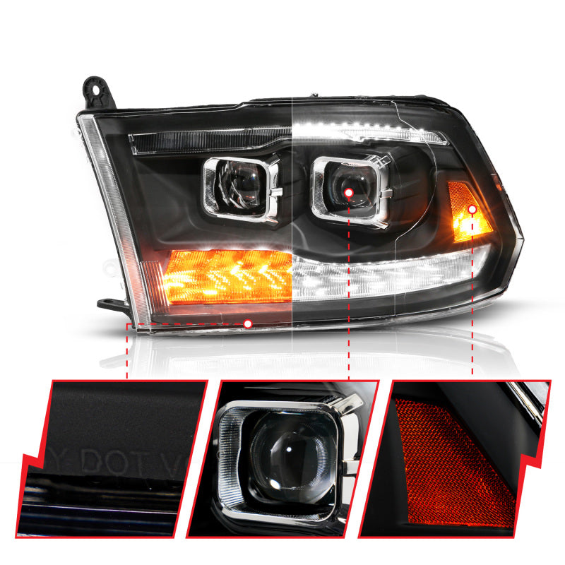ANZO 09-19 Dodge RAM 1500 / 10-18 2500/3500 LED Proj Headlights SeqSig Black - Pair