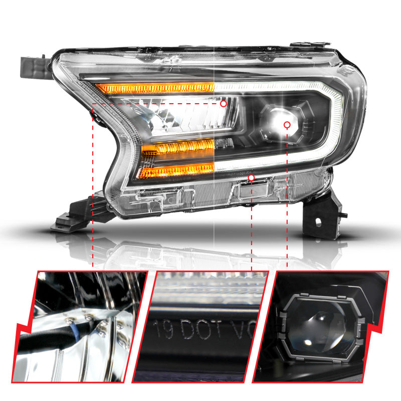 ANZO Full LED Proj Headlights Init/DRL/SeqSig Black Pair | Ford Ranger (19-23) (111632A)