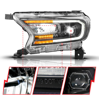 ANZO Full LED Proj Headlights Init/DRL/SeqSig Black Pair | Ford Ranger (19-23) (111632A)