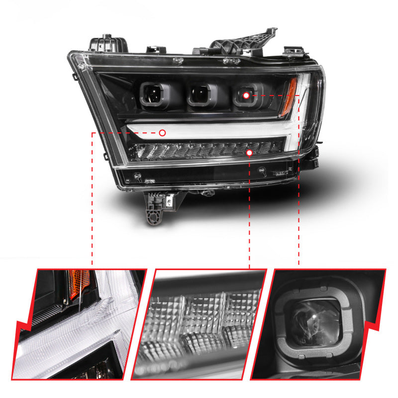 ANZO Full LED Proj Headlight DRL/SeqSig Black Driver Side | RAM 1500 (19-24) (111628A-L)