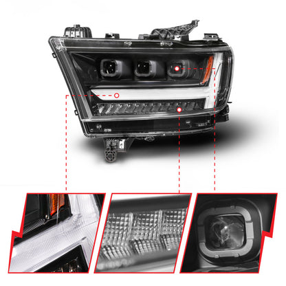 ANZO Full LED Proj Headlight DRL/SeqSig Black Driver Side | RAM 1500 (19-24) (111628A-L)