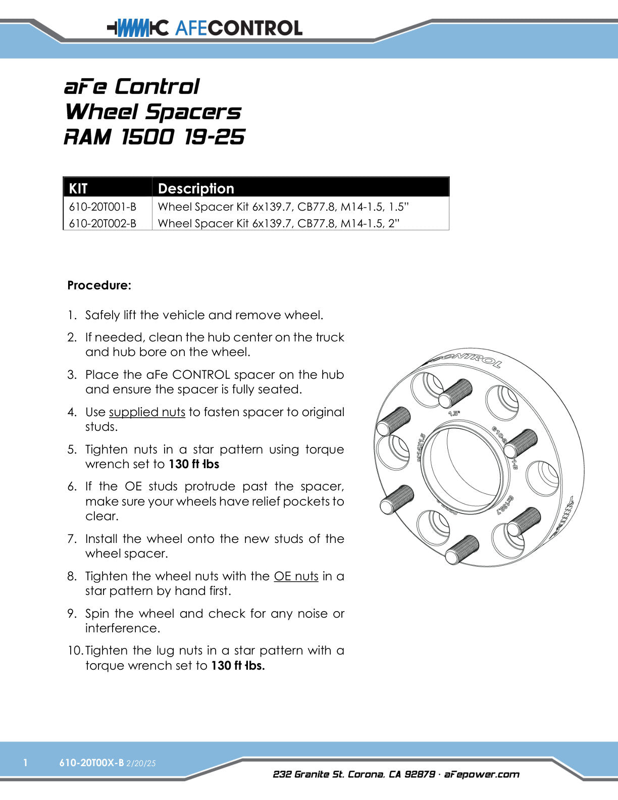 aFe CONTROL Forged Aluminum Wheel Spacers | RAM 1500/2500/3500 (610-20T002-B)