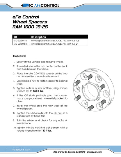 aFe CONTROL Forged Aluminum Wheel Spacers | RAM 1500/2500/3500 (610-20T002-B)