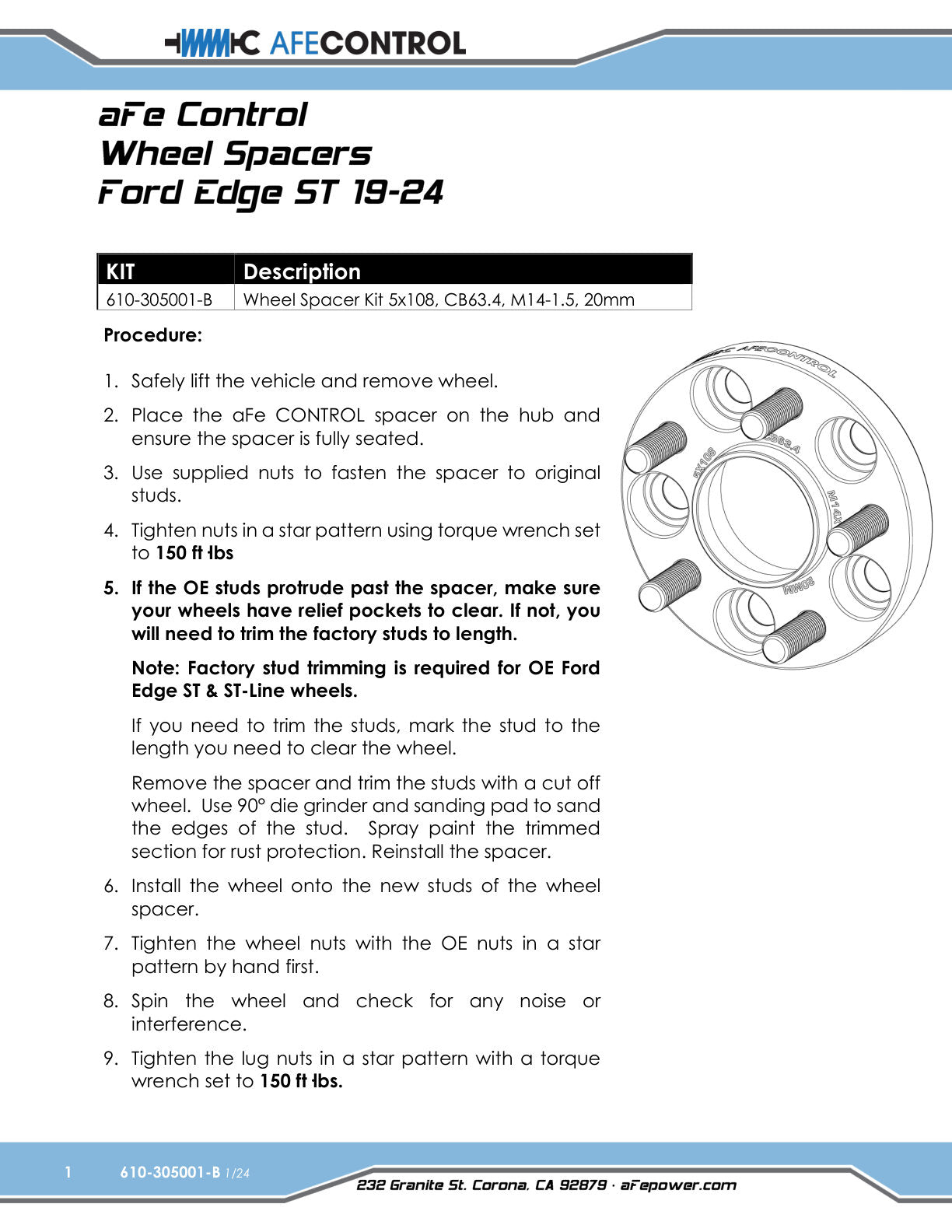 aFe 20mm Forged Aluminum Wheel Spacers 5x108 CB 63.4 | Ford Edge ST (20-24) (610-305001-B)
