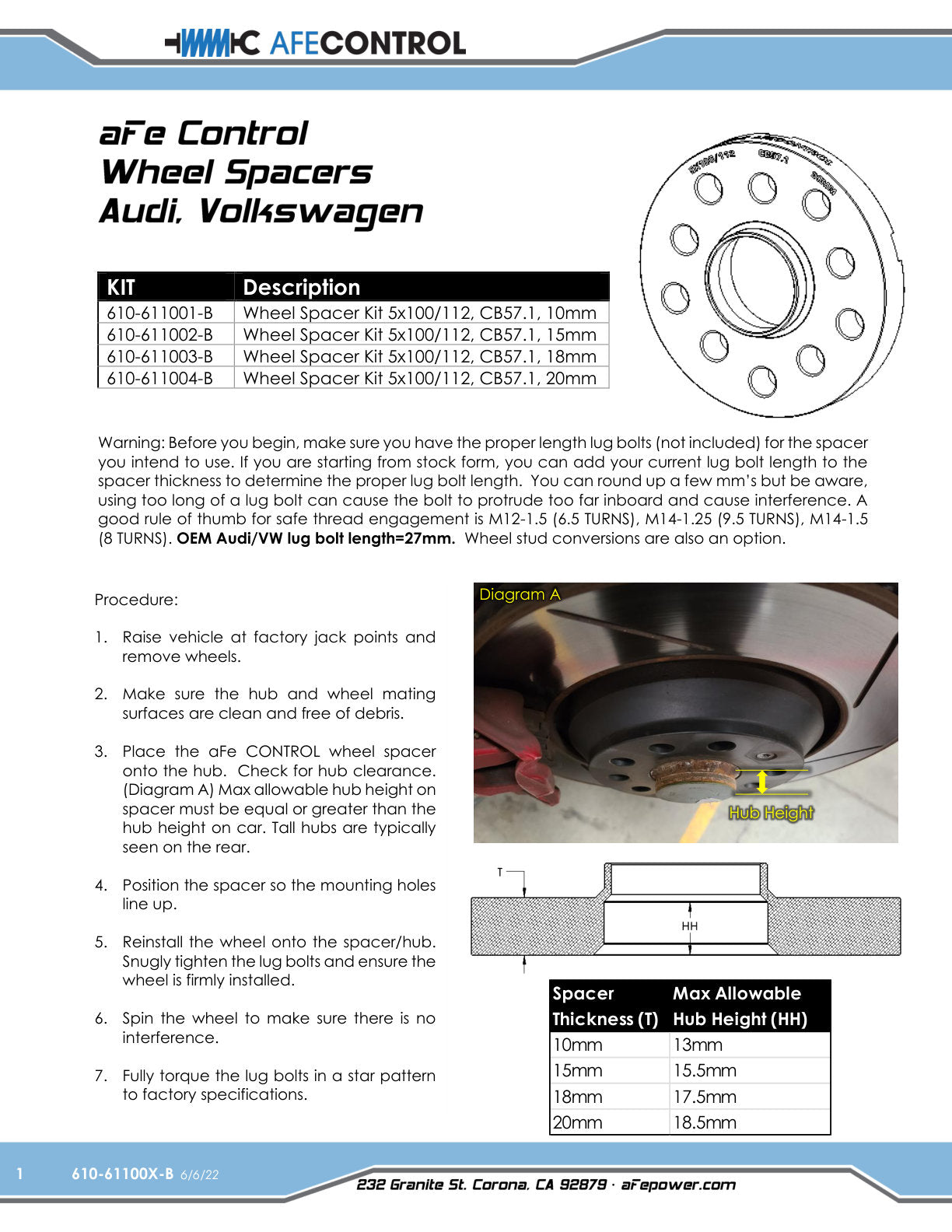 aFe 15mm Billet Aluminum Wheel Spacers 5x100/112 CB57.1 | Volkswagen / Audi (610-611002-B)