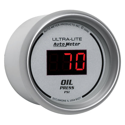 AutoMeter Ultra-Lite 2-1/16in 100PSI Silver Dial Digital Oil Pressure Gauge w/ Red LED (6527)