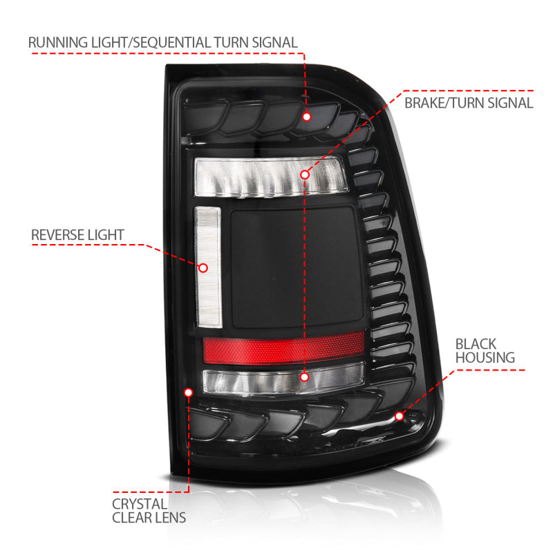 ANZO 19-24 RAM 1500 Factory Halogen Full LED Tail Lights SeqSig Black Pair (311480A)