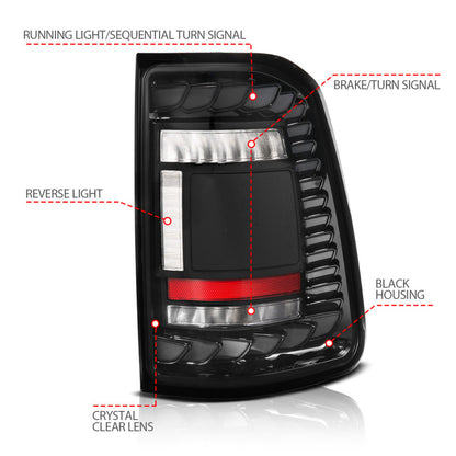 ANZO 19-24 RAM 1500 Factory Halogen Full LED Tail Lights SeqSig Black Pair (311480A)