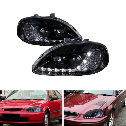Spec-D Projector Headlights w/R8 LED Strip, Gloss Black/Smoked | Honda Civic (96-98) (2LHP-CV96G-8-TM)