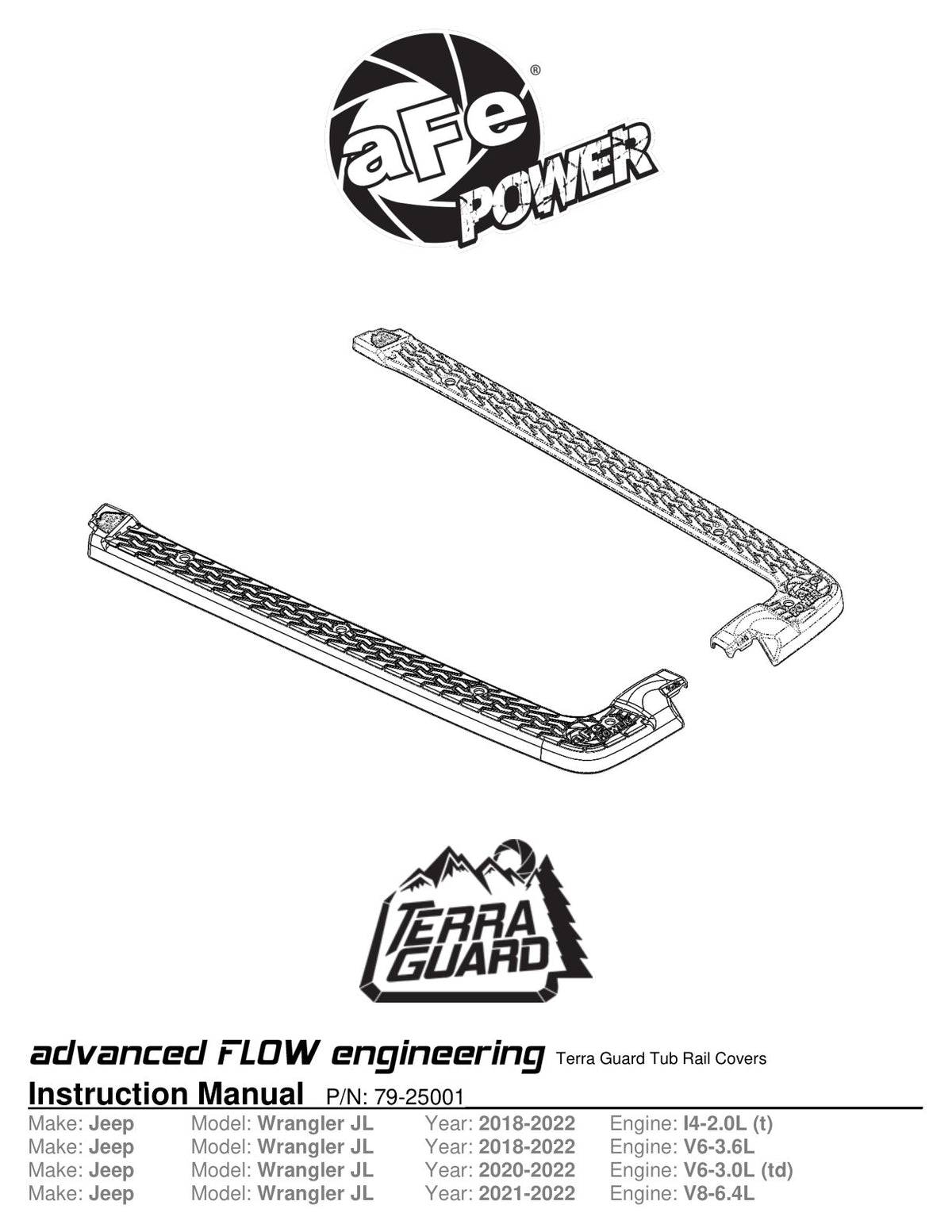 aFe Terra Guard Tub Rail Covers | Jeep Wrangler JL (18-22 4-Door w/ 3-Piece Hard-Top) (79-25001)