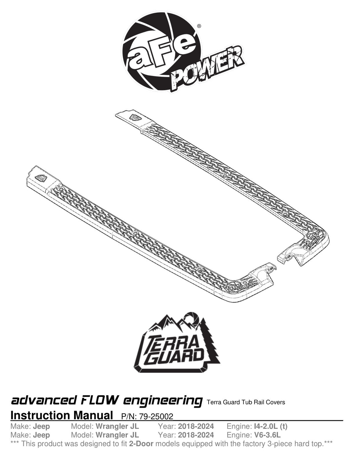 aFe Terra Guard Tub Rail Covers | Jeep Wrangler JL 18-24 2-Door w/ Hard-Top (79-25002)
