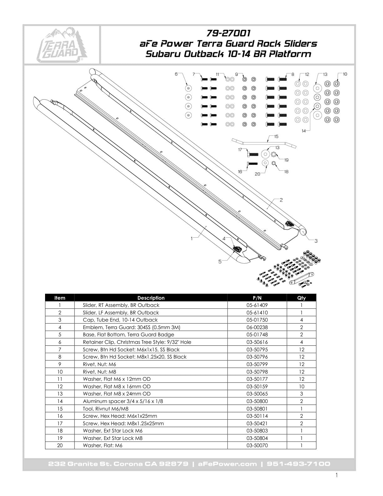 aFe Terra Guard Trail Slider Step - Black | Subaru Outback H4 2.5L / H6 3.6L (10-14) (79-27001)