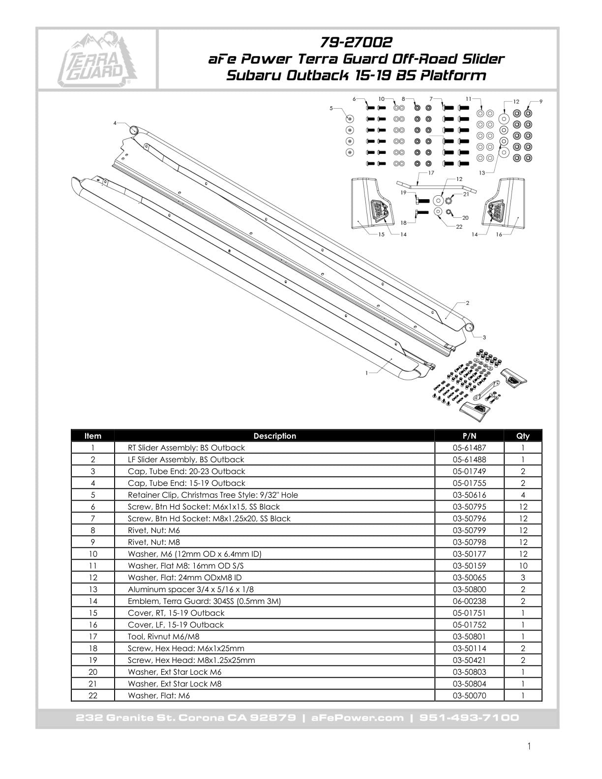aFe Terra Guard Trail Slider Steps Black | Subaru Outback H4 2.5L / H6 3.6L (15-19) (79-27002)