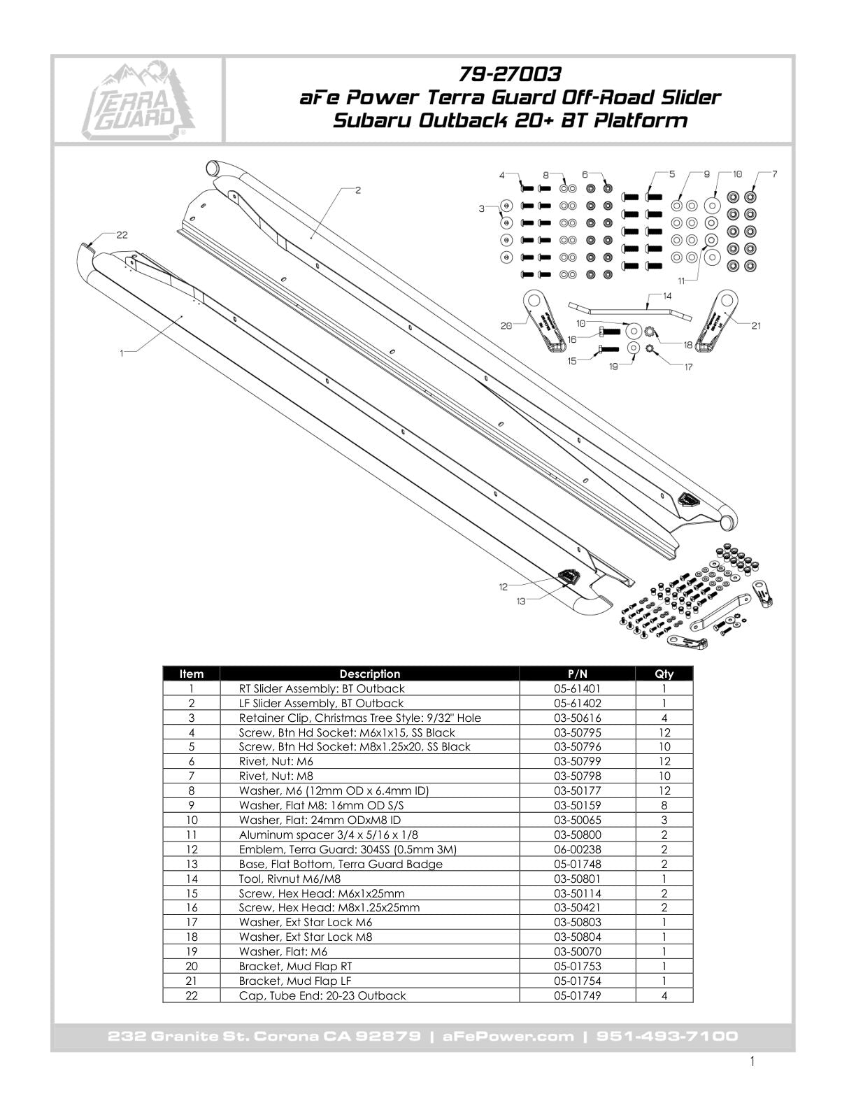 aFe Terra Guard Trail Slider Steps - Black | Subaru Outback H4 2.4L / H4 2.5L (20-23) (79-27003)