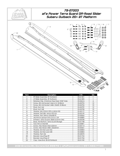 aFe Terra Guard Trail Slider Steps - Black | Subaru Outback H4 2.4L / H4 2.5L (20-23) (79-27003)
