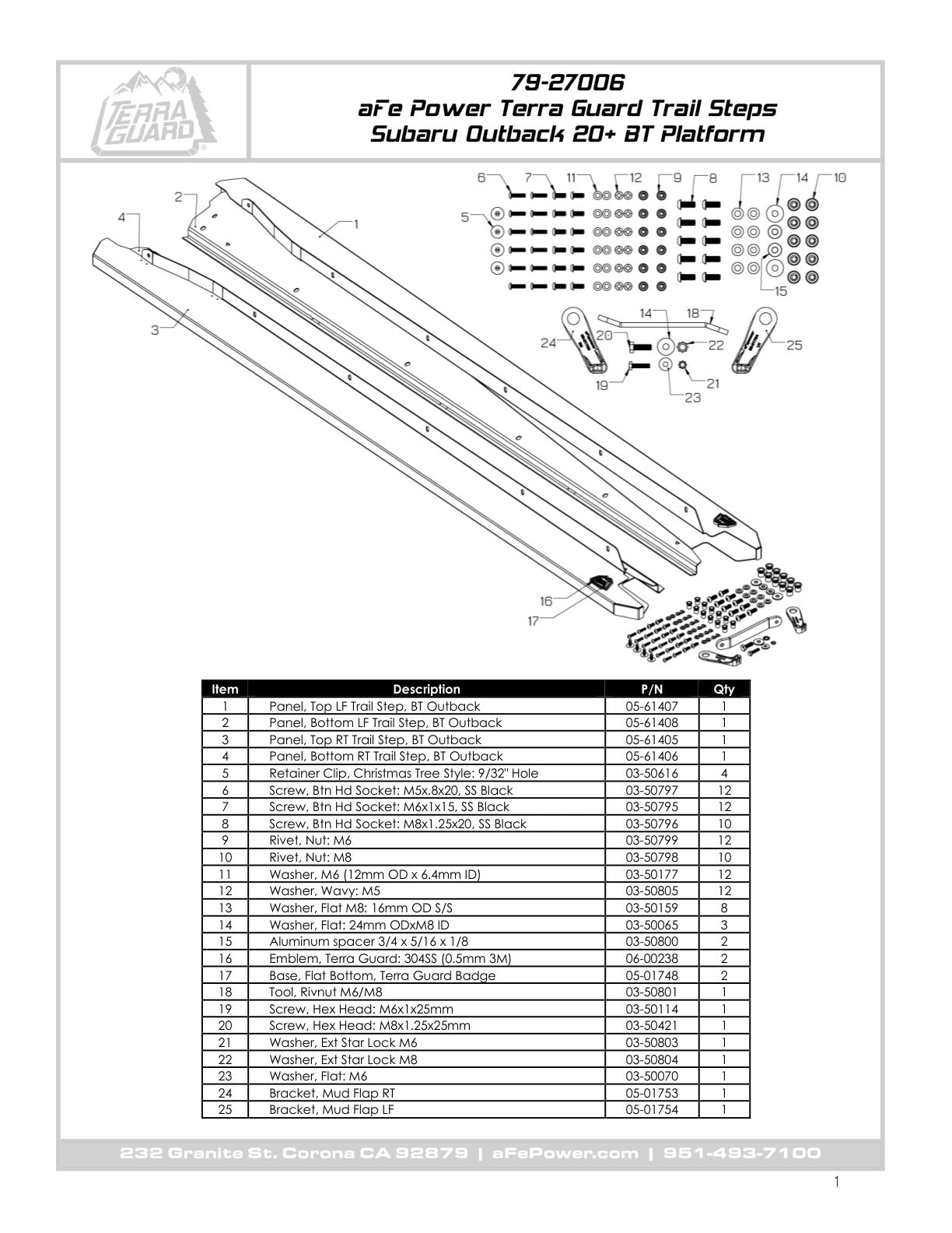 aFe Terra Guard Trail Steps Black | Subaru Outback H4 2.4L/2.5L (20-23) (79-27006)