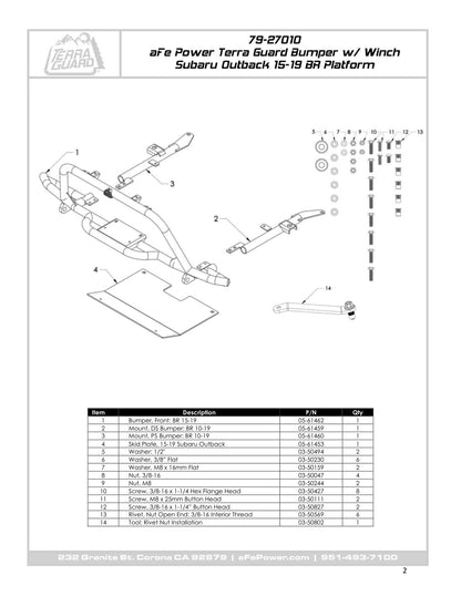 aFe Terra Guard Front Bumper - Black | Subaru Outback H4 2.5L / H6 3.6L (15-19) (79-27008)