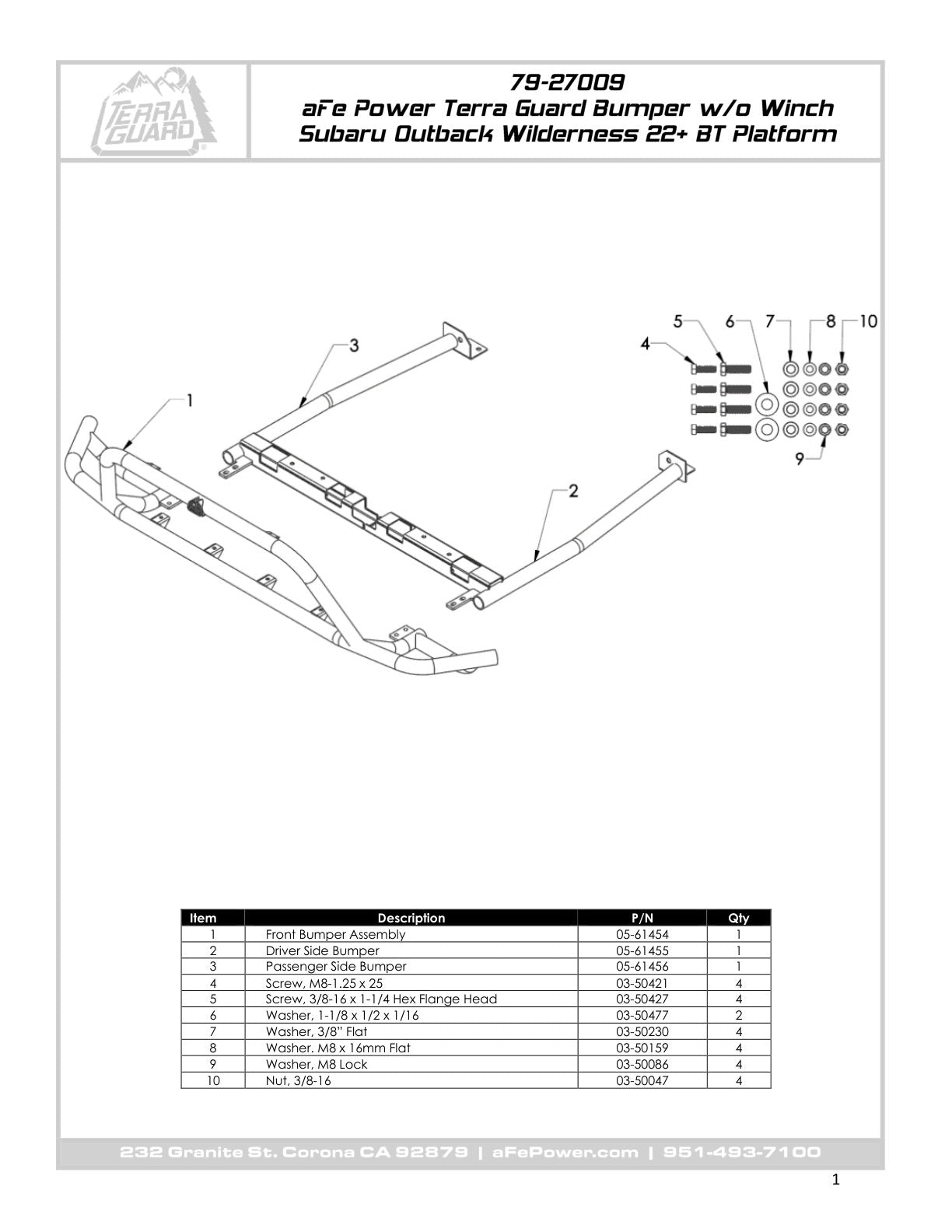 aFe Terra Guard Front Bumper - Black | Subaru Outback H4 2.4L Turbo / H4 2.5L (20-23) (79-27009)