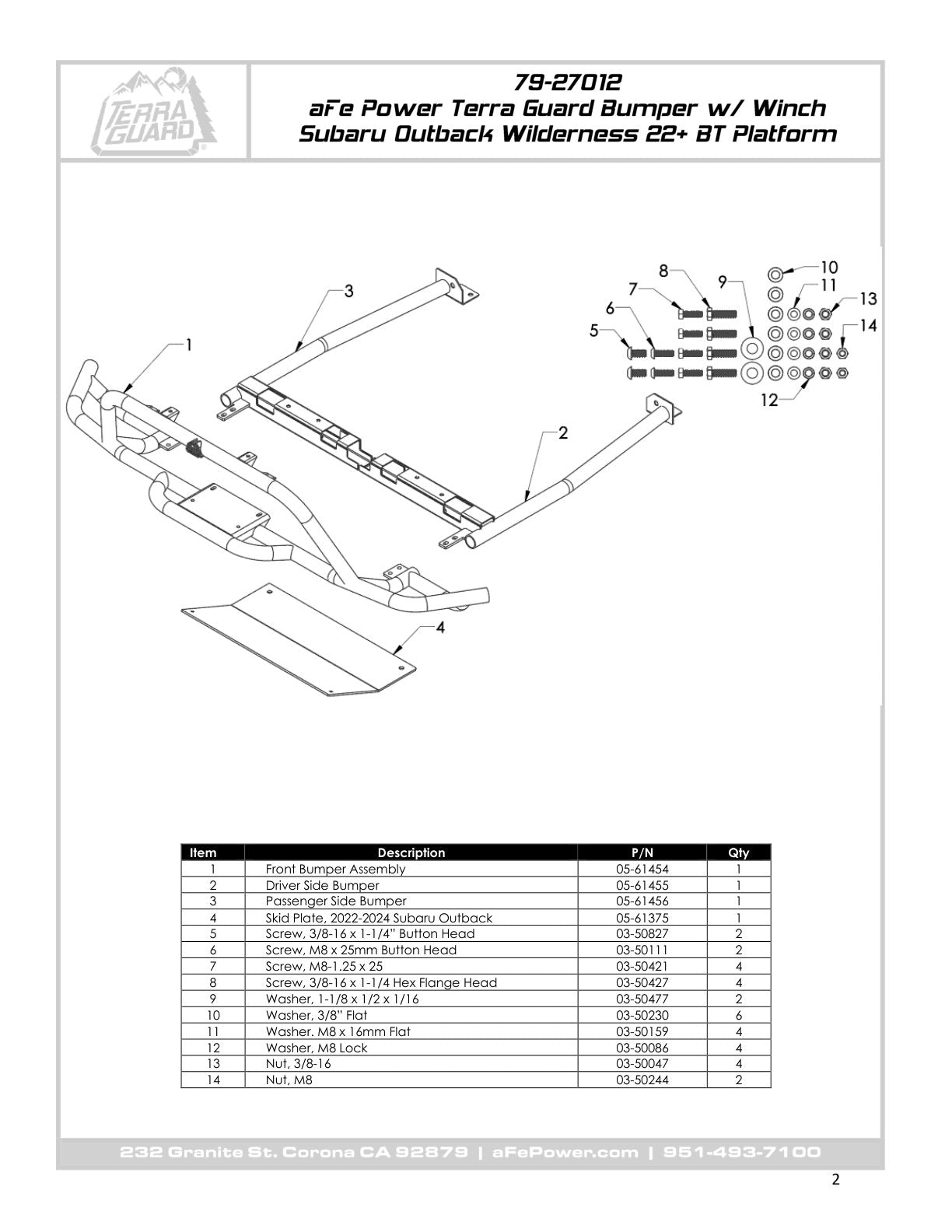 aFe Terra Guard Front Bumper - Black | Subaru Outback H4 2.4L Turbo / H4 2.5L (20-23) (79-27009)