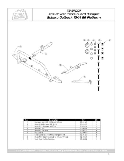 aFe Terra Guard Front Bumper w/ Winch Mount | Subaru Outback (10-14) (79-27010)