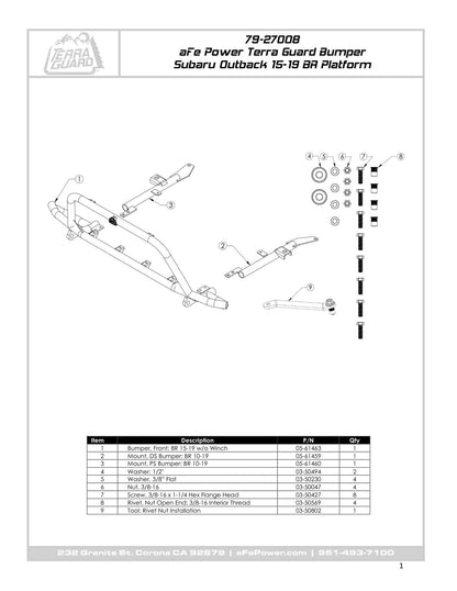 aFe Terra Guard Front Bumper w/ Winch Mount | Subaru Outback H4 2.5L / H6 3.6L (15-19) (79-27011)