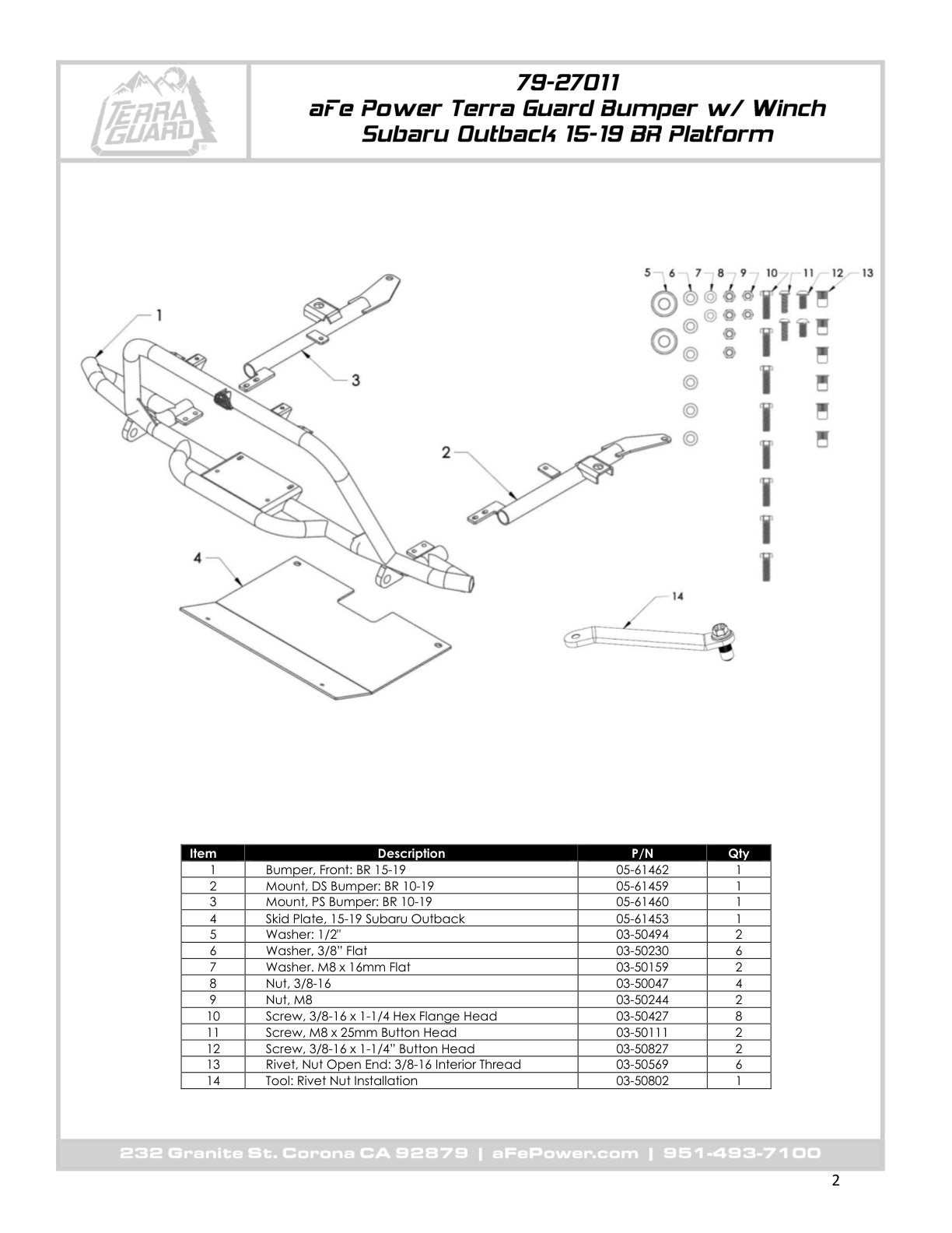 aFe Terra Guard Front Bumper w/ Winch Mount | Subaru Outback H4 2.5L / H6 3.6L (15-19) (79-27011)