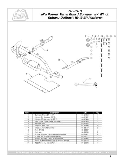 aFe Terra Guard Front Bumper w/ Winch Mount | Subaru Outback H4 2.5L / H6 3.6L (15-19) (79-27011)