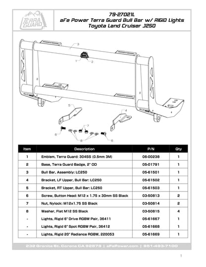 aFe 79-27021L Terra Guard Bull Bar w/ RIGID Lights For Land Cruiser J250 24+