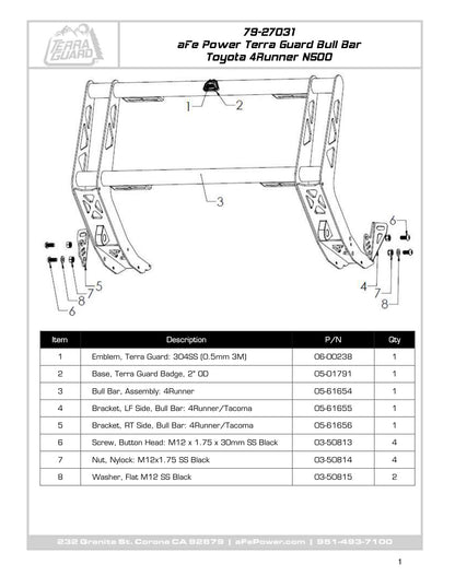 aFe 79-27031 Bull Bar No Drill No Cut Installation For Toyota 4Runner