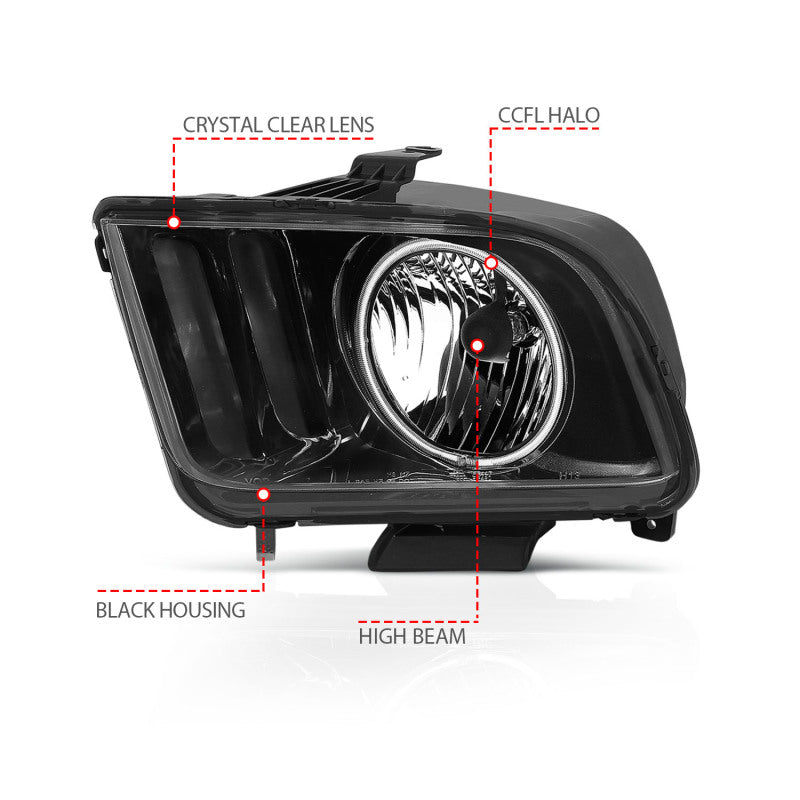 ANZO 05-09 Ford Mustang Crystal Headlights w/Halo Black CCFL Pair | Mustang (121033)