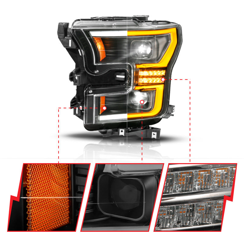 ANZO Full LED Proj Headlights Init/SeqSig Black Pair | Ford F-150 (15-17) (111630A)