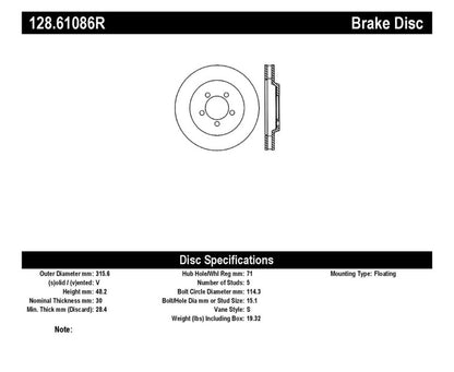 StopTech 128.61086R Sport Cross-Drilled Disc Brake Rotor for 05-12 Mustang