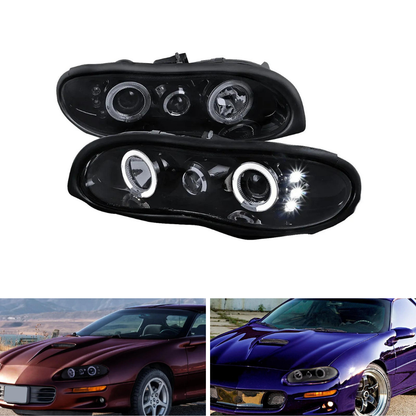 Spec-D Glossy Black Smoked Dual Halo Projector Headlights | Chevrolet Camaro (98-02) (LHP-CMR98HG-TM)