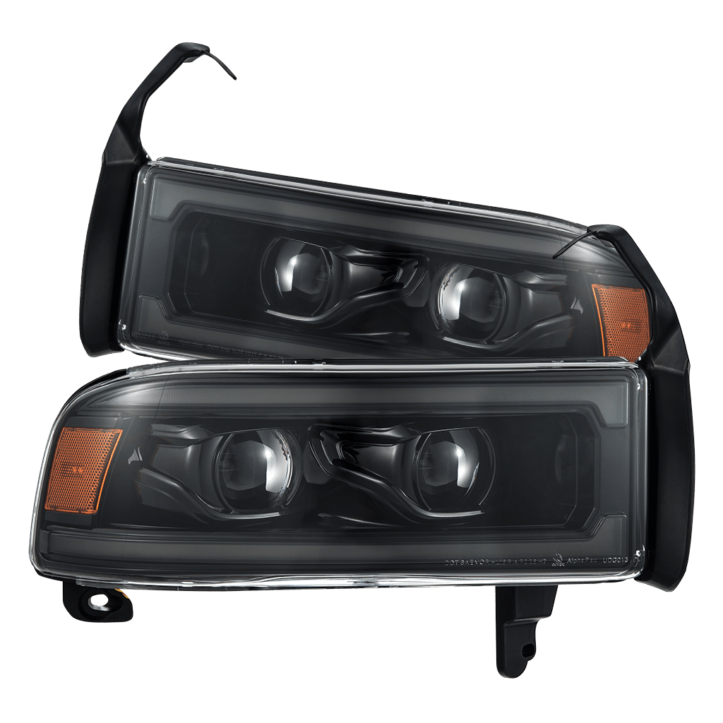 AlphaRex 94-01 RAM 1500 LUXX LED Proj Headlights Alpha-Blk w/Activ Light/Seq Signal/SB DRL