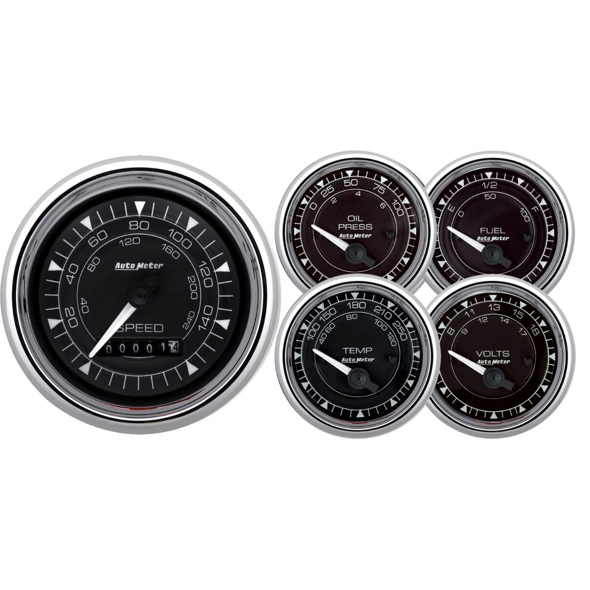 AutoMeter Chrono 3-3/8in & 2-1/16in Gauge Kit (5pc) w/Electric Speedometer - Chrome (9708)