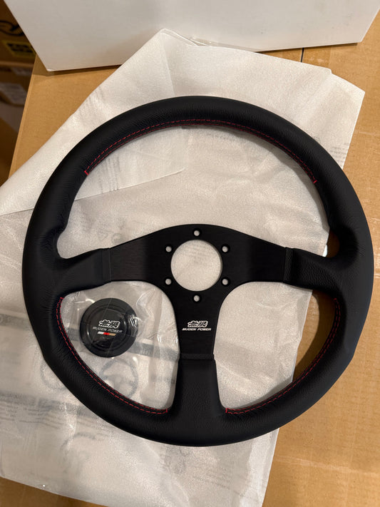 Mugen Racing III Steering Wheel - 350mm (Black Suede / Red Stitch)