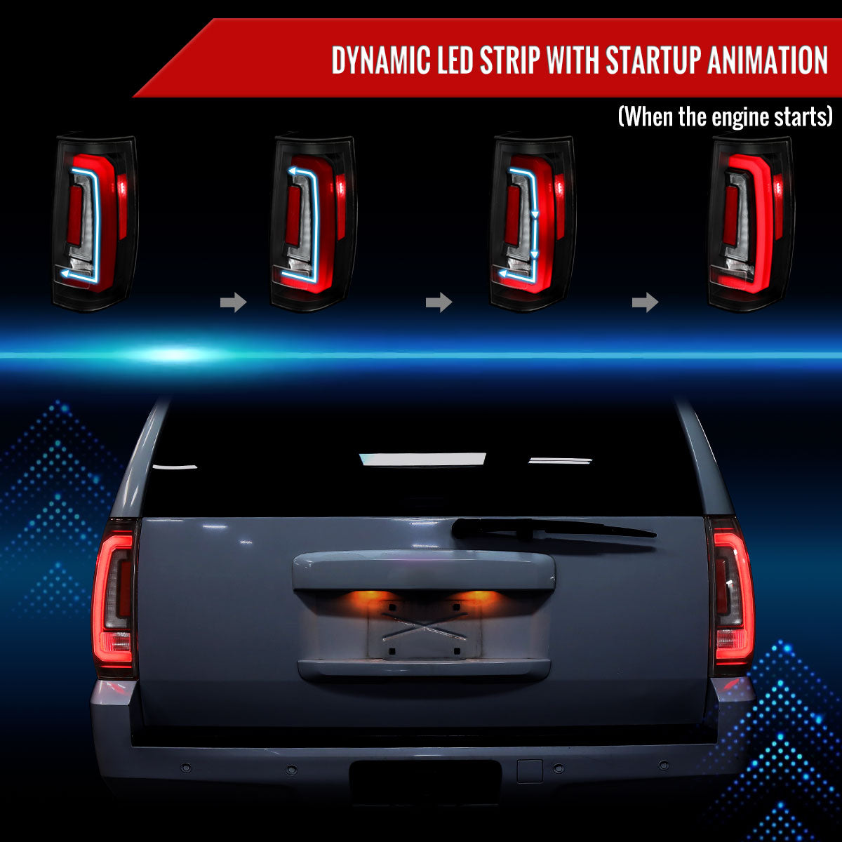 2007-2014 Chevrolet Tahoe/Suburban / 2007-2014 GMC Yukon/Yukon Denali Red LED Sequential Turn Signal Tail Lights (Matte Black Housing/Clear Lens)