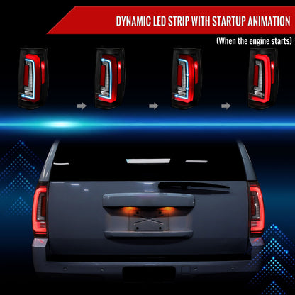 2007-2014 Chevrolet Tahoe/Suburban / 2007-2014 GMC Yukon/Yukon Denali Red LED Sequential Turn Signal Tail Lights (Matte Black Housing/Clear Lens)
