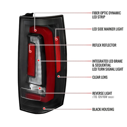 2007-2014 Chevrolet Tahoe/Suburban / 2007-2014 GMC Yukon/Yukon Denali Red LED Sequential Turn Signal Tail Lights (Matte Black Housing/Clear Lens)